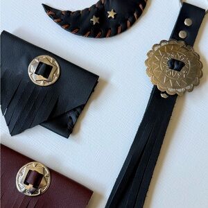 Handcrafted Leather Fringe Keychain & Mini Pouch Set - Black & Brown